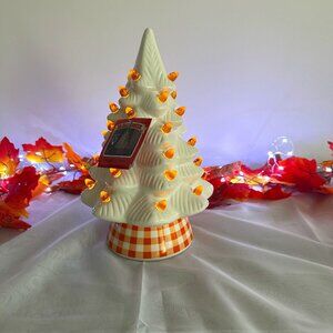 MR HALLOWEEN 12in Ceramic Halloween Tree With orange and white Checkered Base